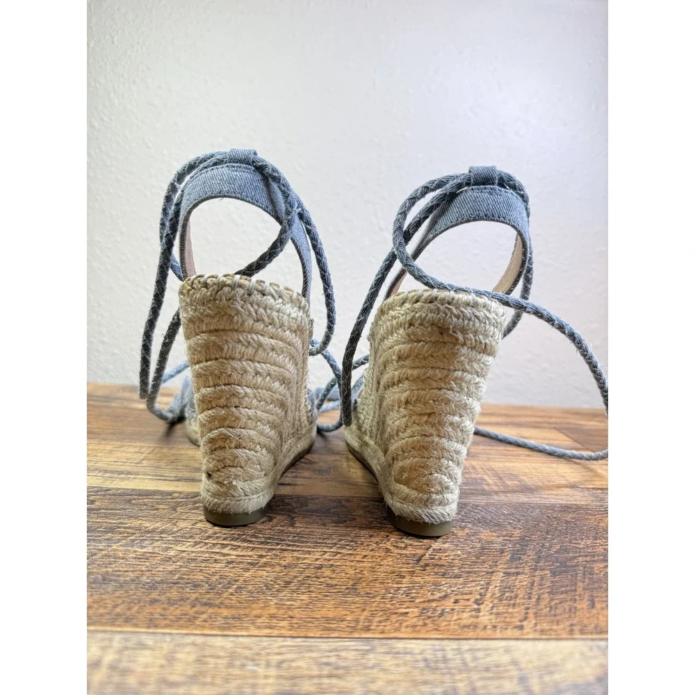 Joie Women's 7.5 Boho Coastal Denim Strappy Rope Tasseled Espadrille Wedges